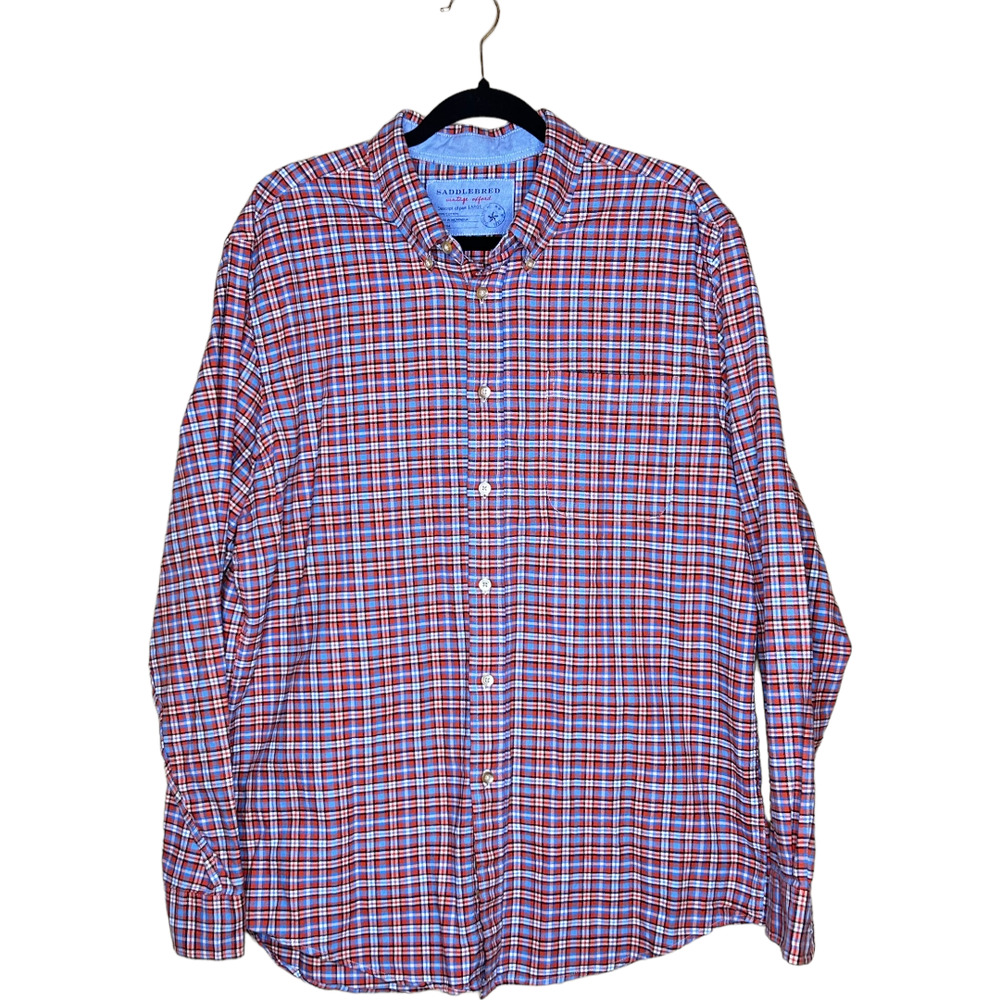 Saddlebred Vintage Oxford Men‎ Button Down Shirt Orange Blue Gingham Size Large